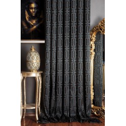 Green geometric curtains with gold details