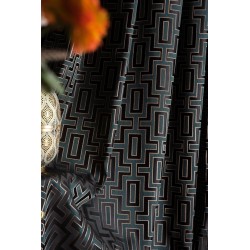 Green geometric curtains with gold details