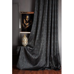 Green geometric curtains with gold details